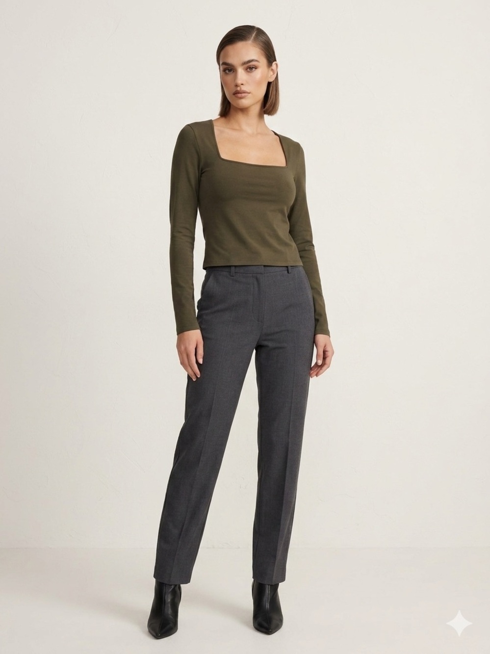 Women’s Olive Square-Neck Long Sleeve Top Basic Cotton Lightweight Cropped Large